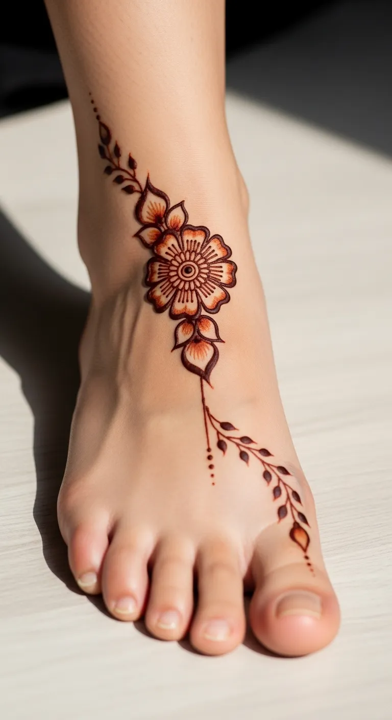 Simple leg mehndi with single flower on foot