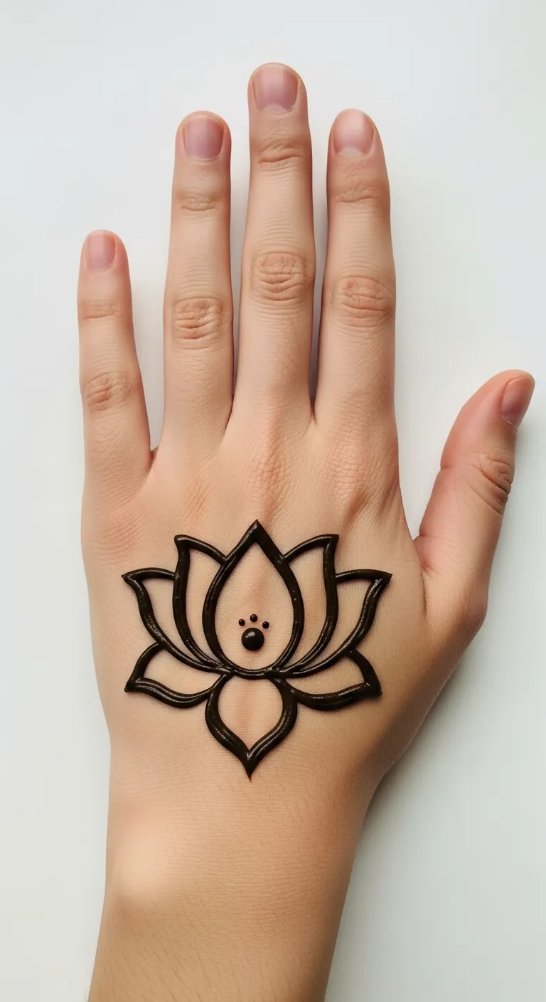 Simple lotus mehndi with open petals on back hand