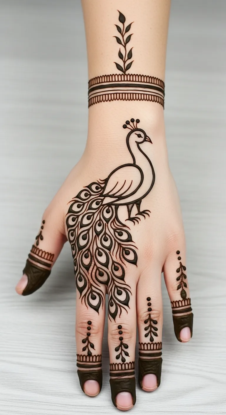Simple peacock outline mehndi design with clean lines