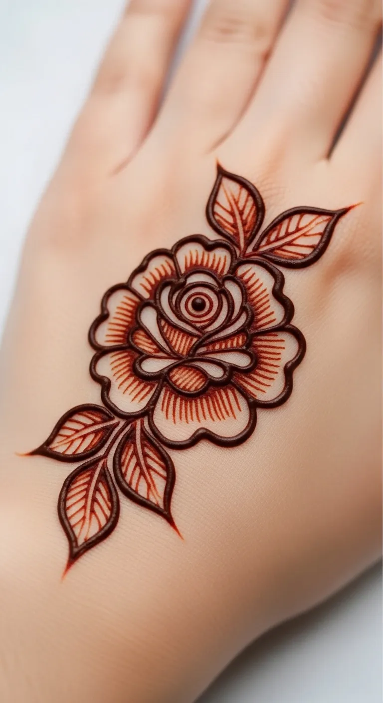 Simple single rose mehndi design with two leaves
