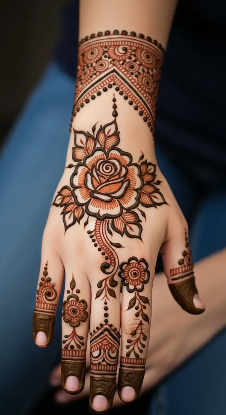 Single bold rose mehndi on center of back hand