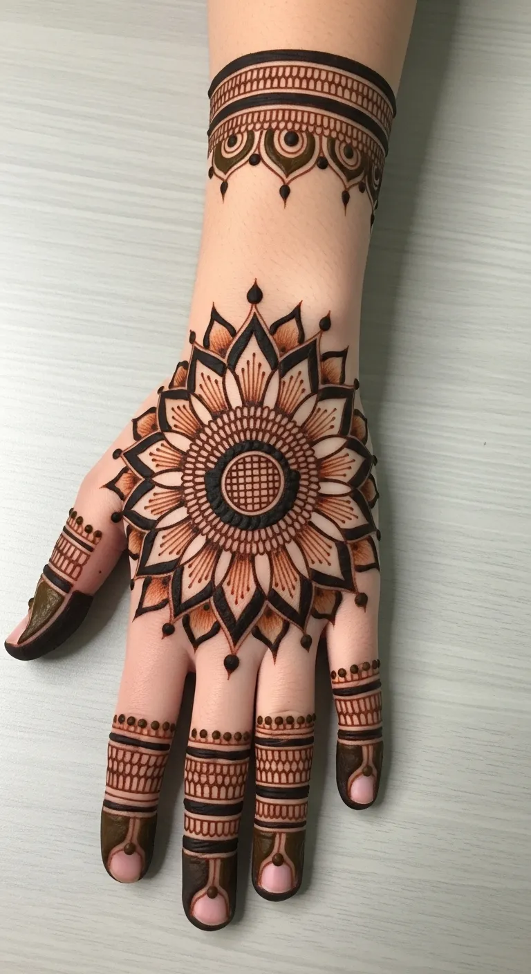 Sunflower mandala mehndi design with bold petals