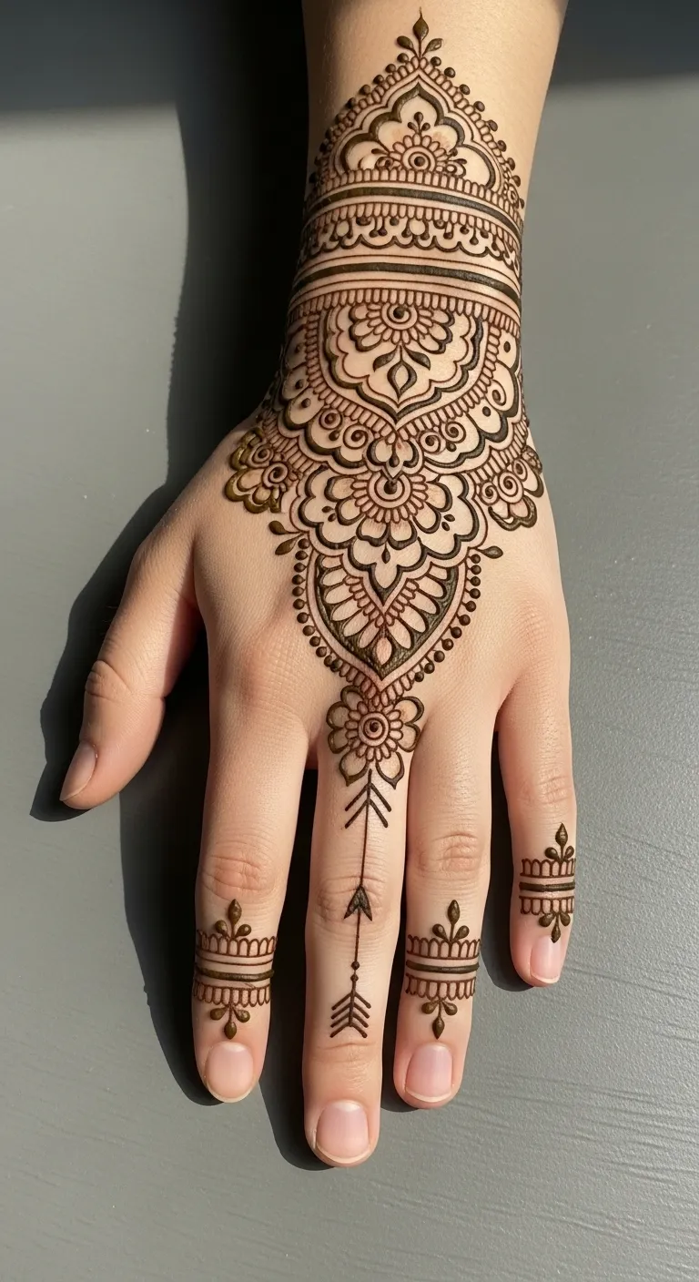 Small arrow tattoo mehndi on middle finger