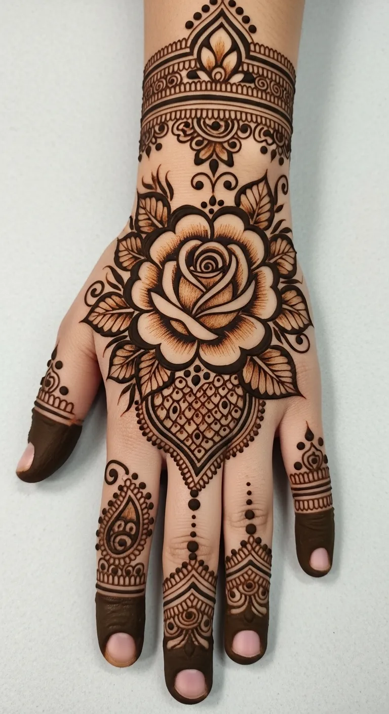 Bold rose tattoo mehndi design on back hand