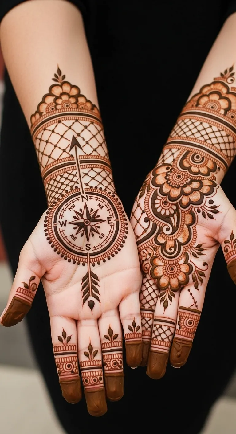 Compass arrow tattoo mehndi design for wrist