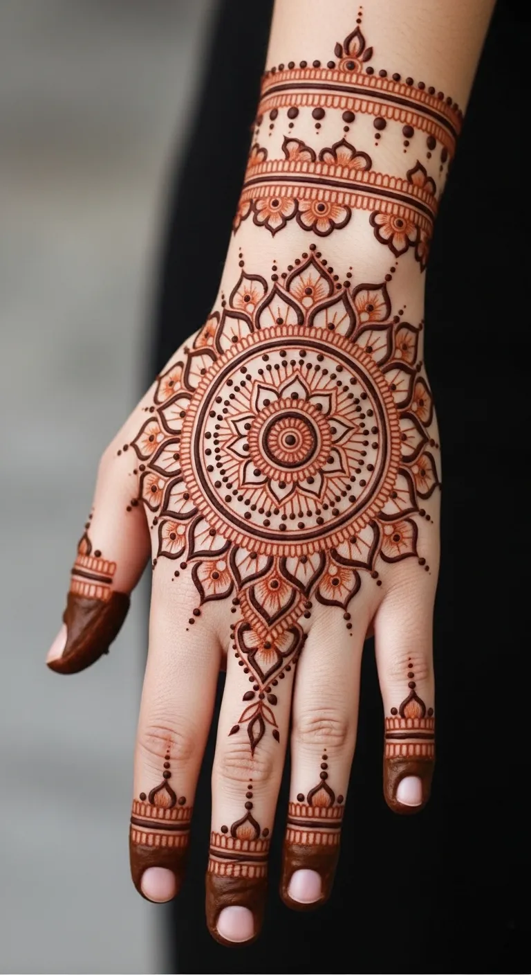 Mandala tattoo mehndi design centered on hand