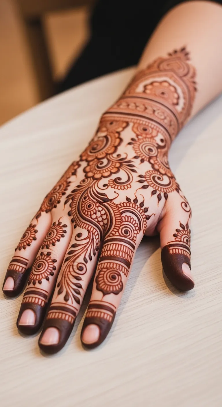 Ornamental tattoo mehndi design on full back hand