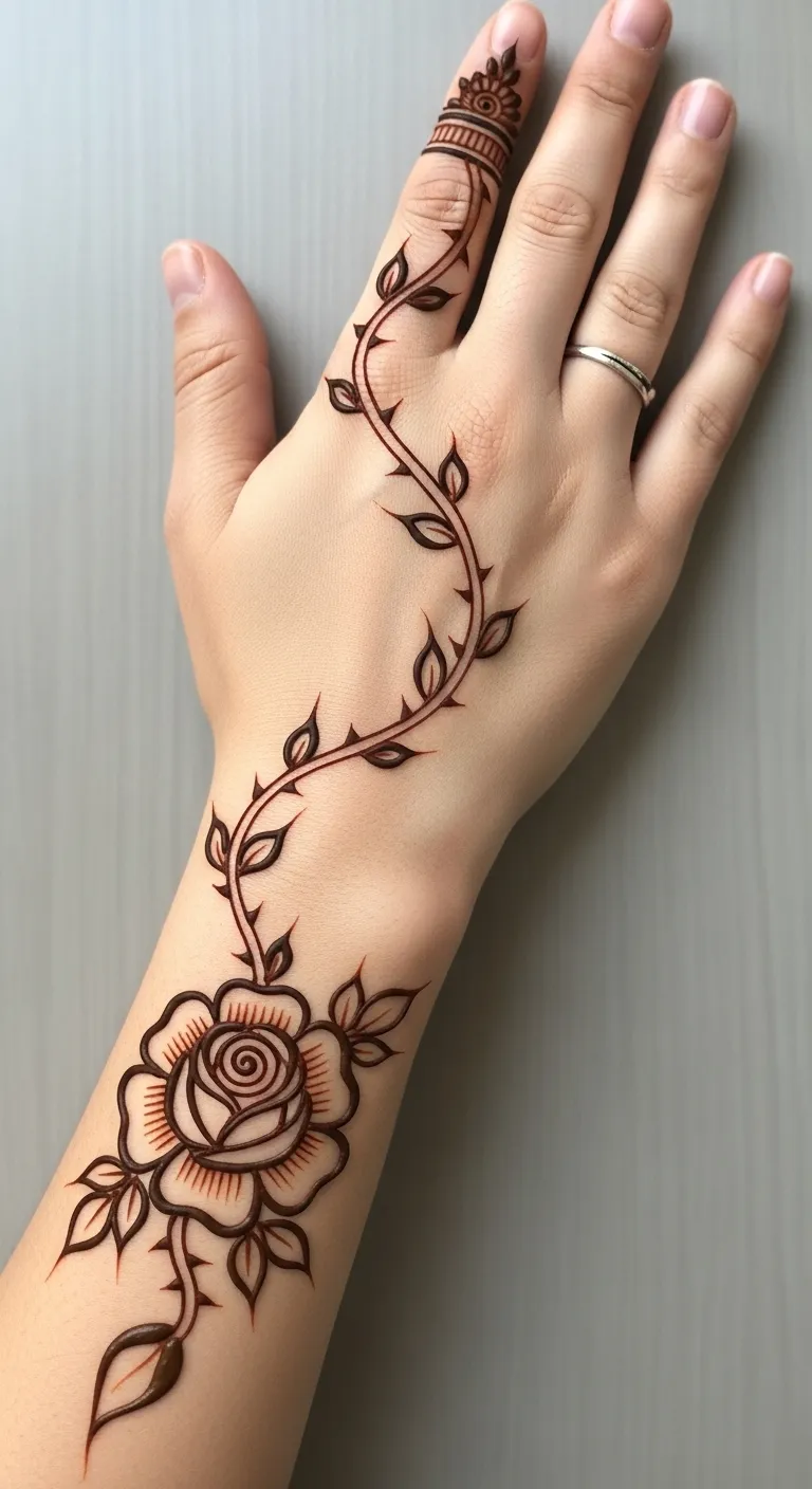 Rose thorn vine tattoo mehndi on back hand