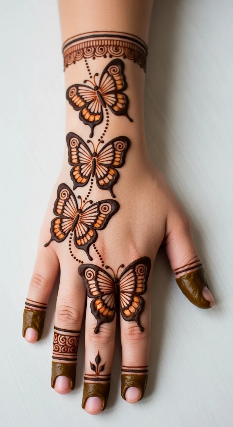 Three butterfly trail mehndi from wrist to finger