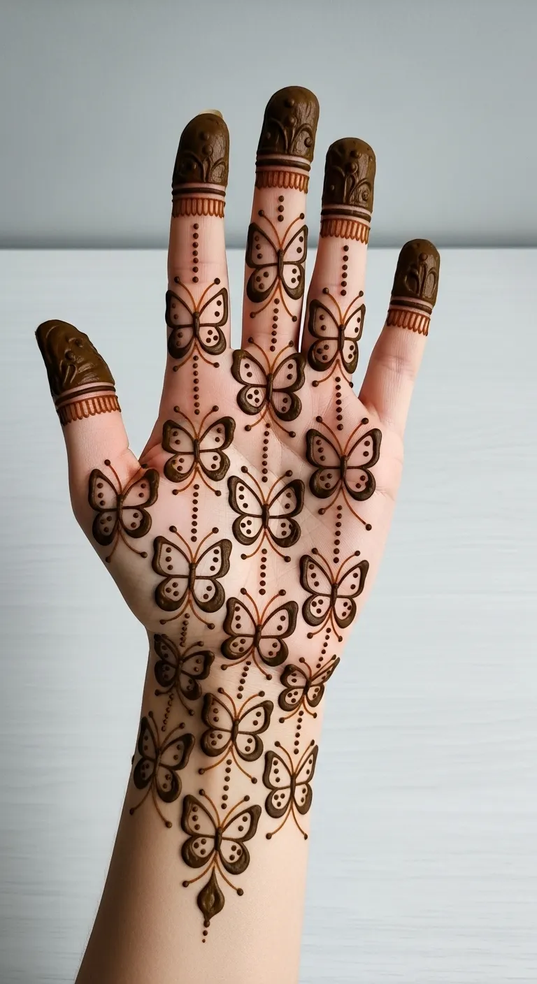 Tiny butterfly mehndi with dots