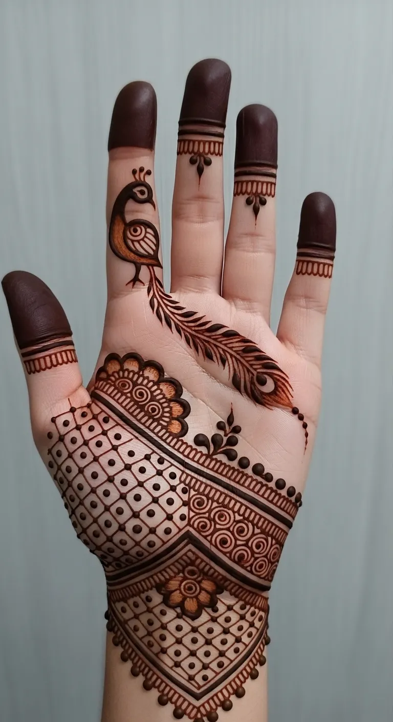 Easy tiny peacock mehndi on index finger