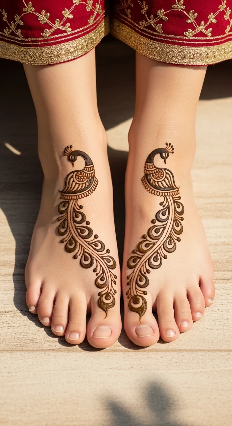 Traditional Indian feet mehndi with peacock motif