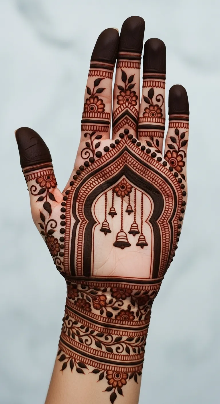 Traditional Indian full hand mehndi with temple design