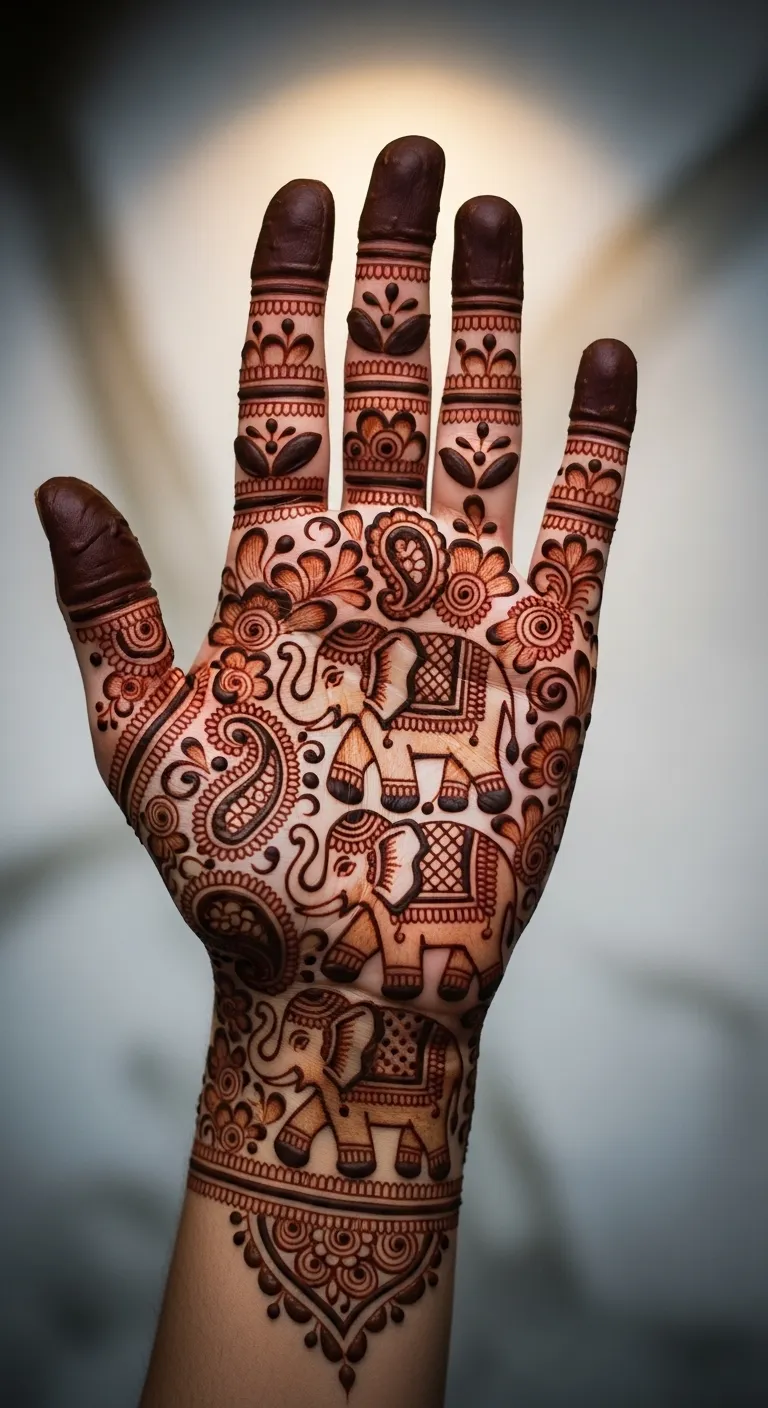raditional elephant paisley palm mehndi