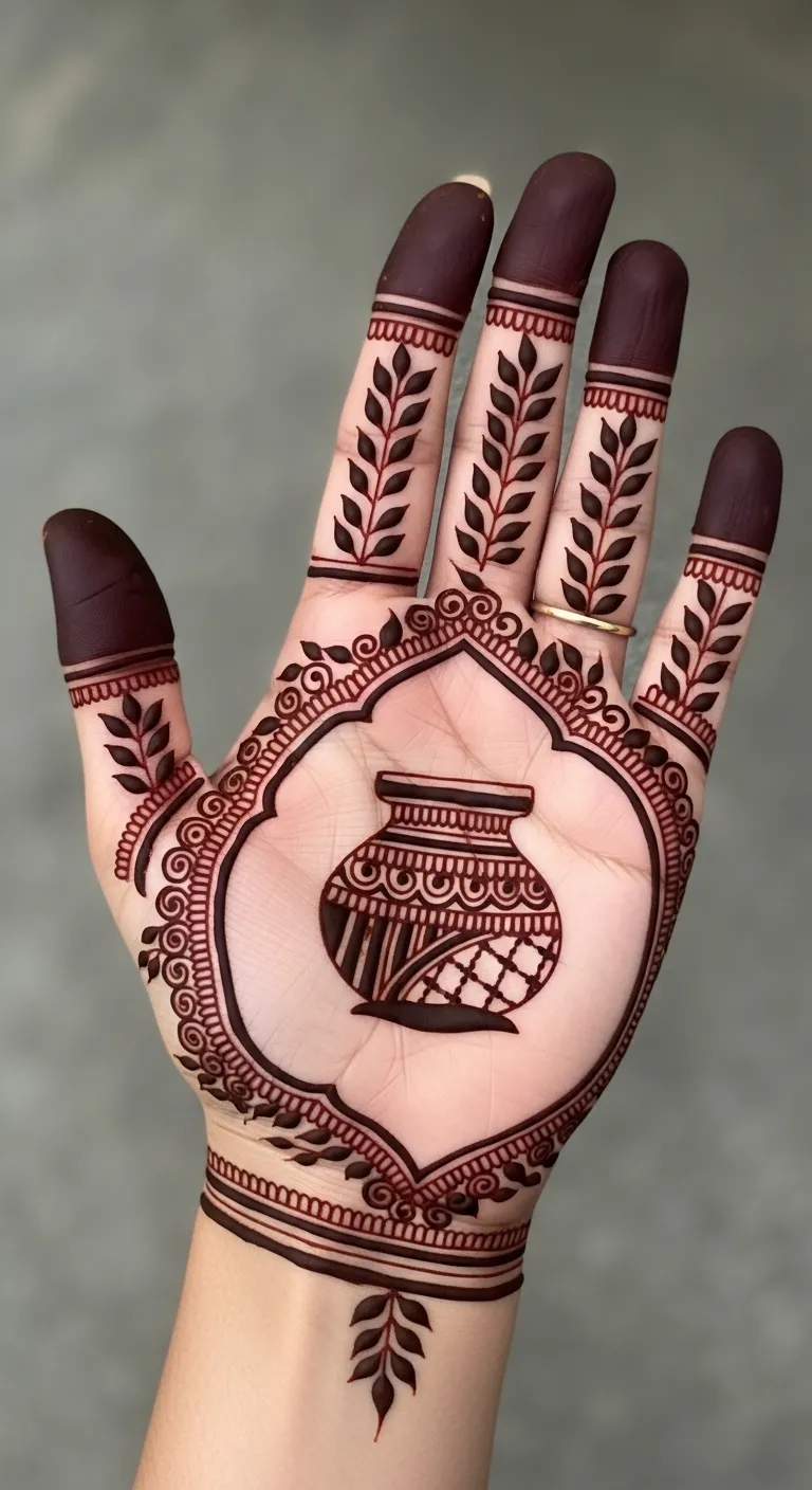 Traditional kalash mango leaf palm mehndi
