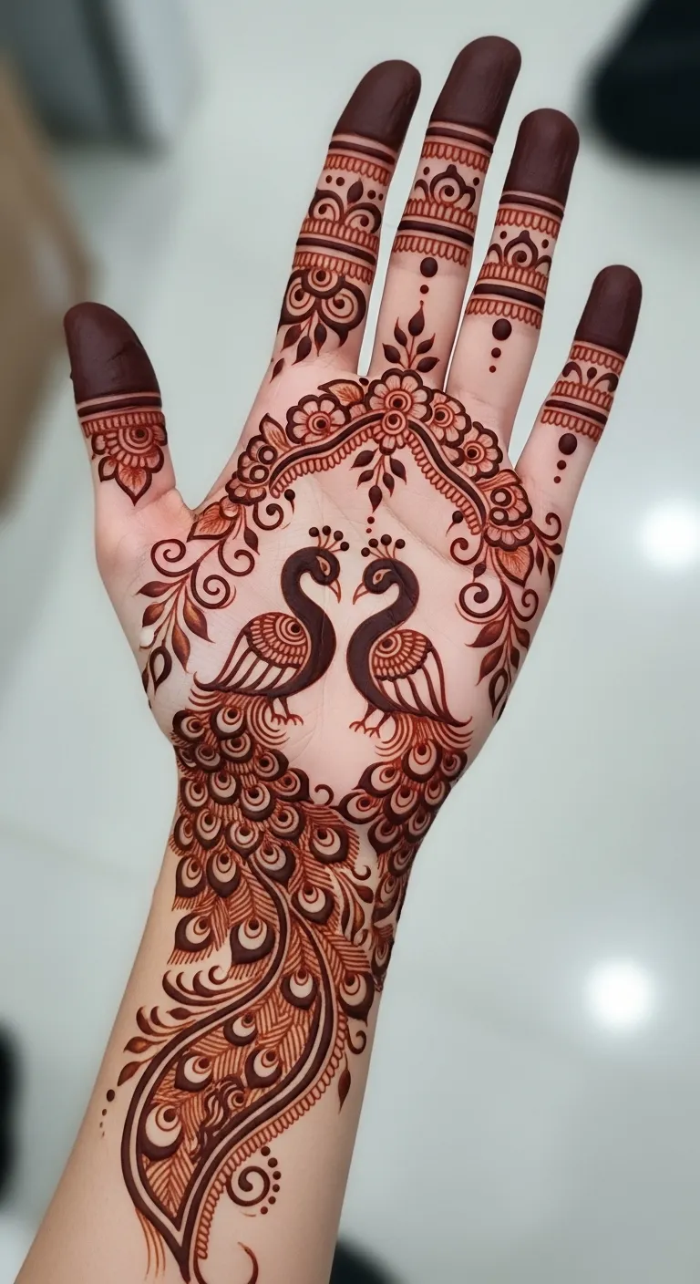 Twin peacock mehndi design with floral arch