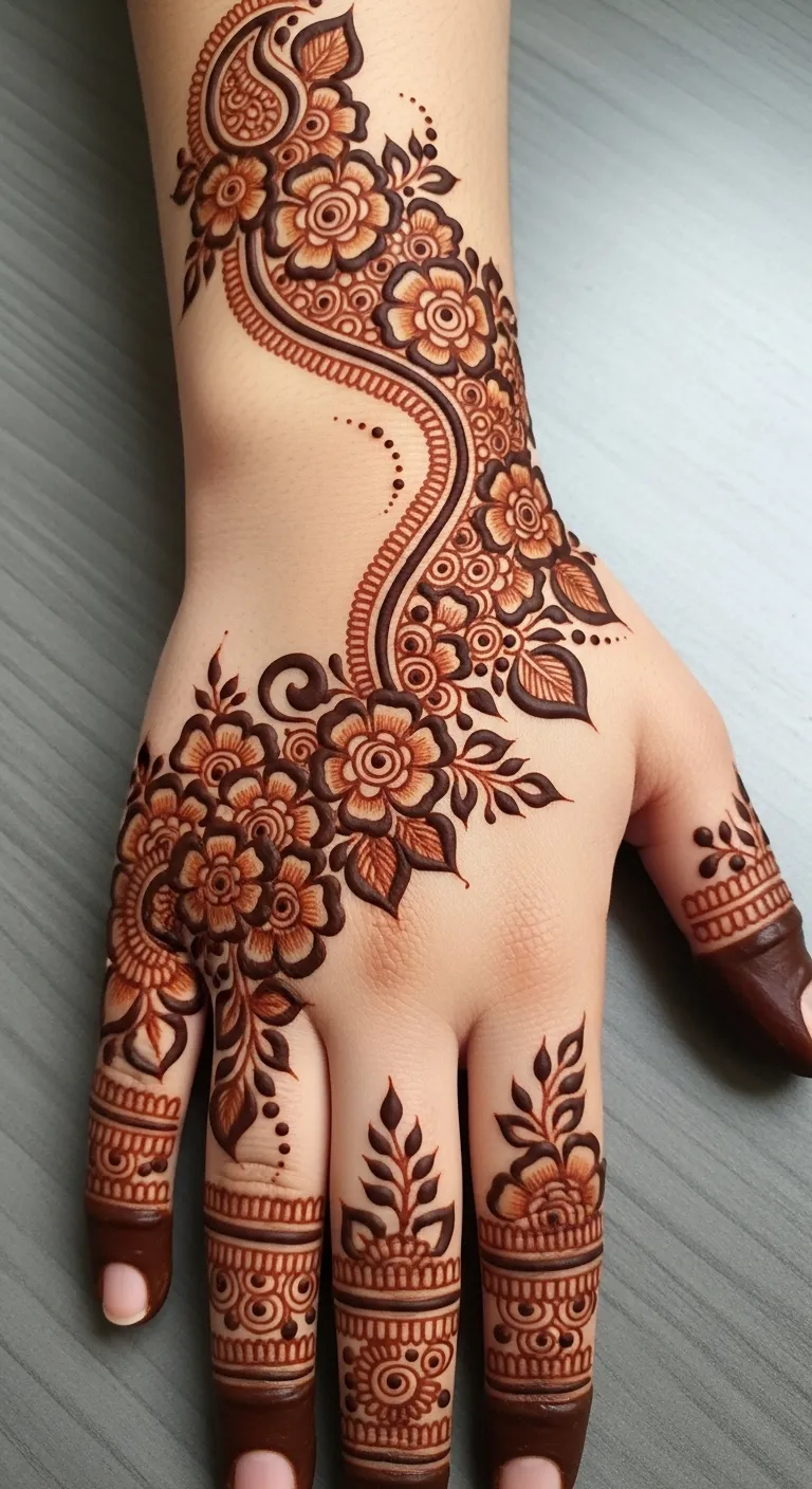 Arabic style bharwa mehndi flowing trail design