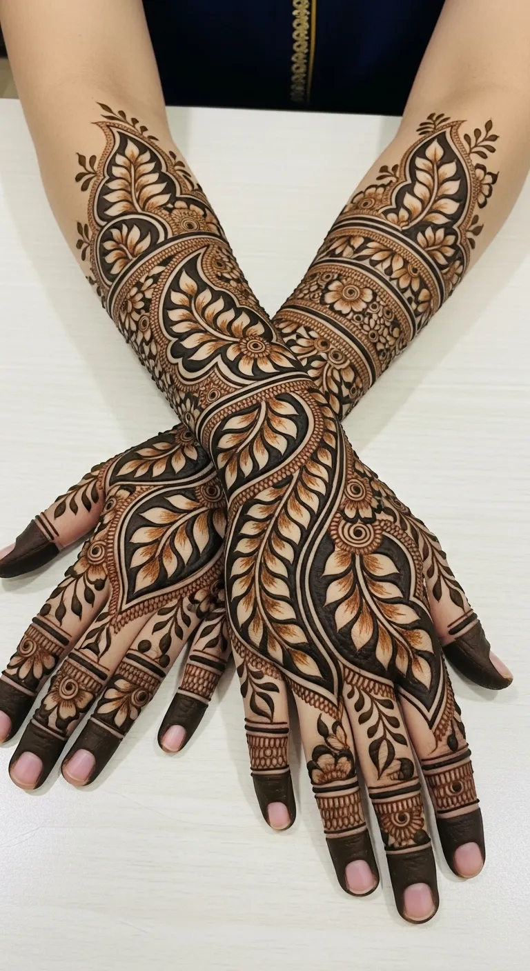 Arabic bharwa mehndi bold leaf diagonal design
