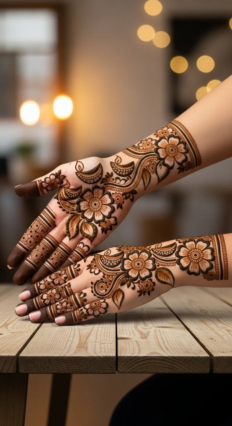 Arabic Diwali mehndi design with bold flower trail
