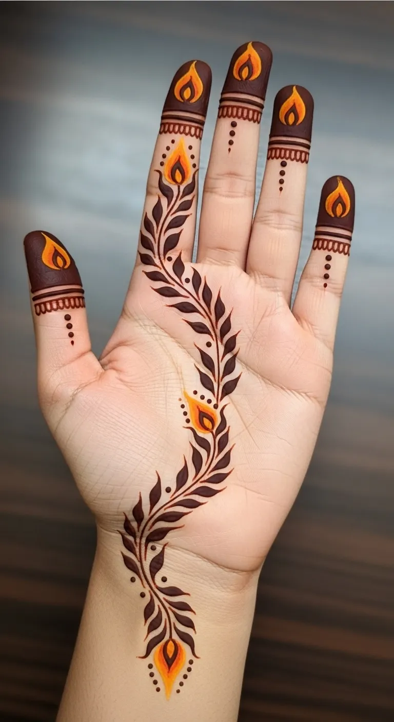Arabic Diwali vine mehndi with flame tips