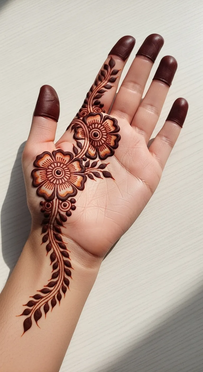 Arabic half hand mehndi with bold flower and leaves
