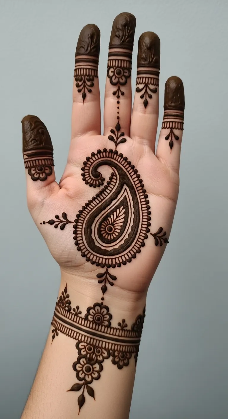 Arabic half hand mehndi with thick paisley outline