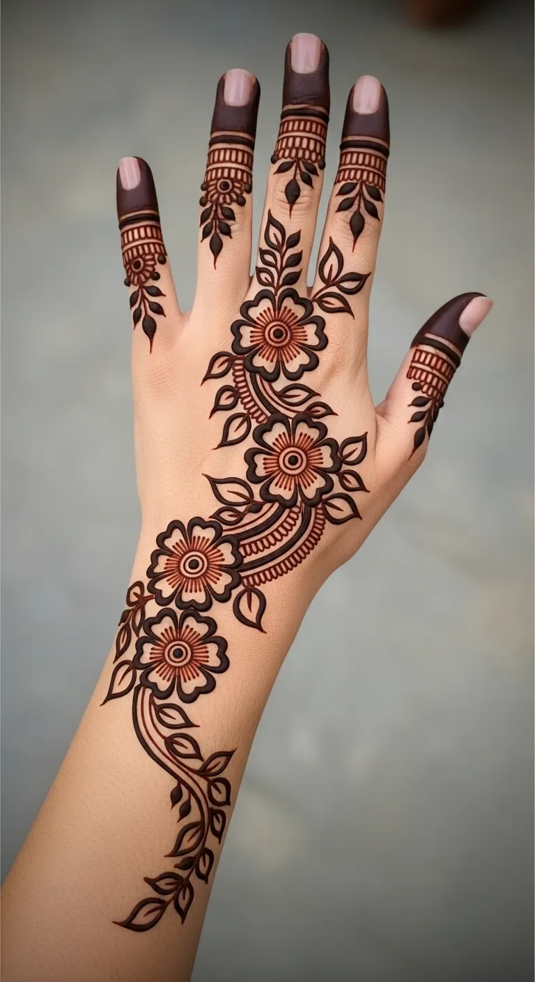 Arabic floral trail mehndi design on left hand