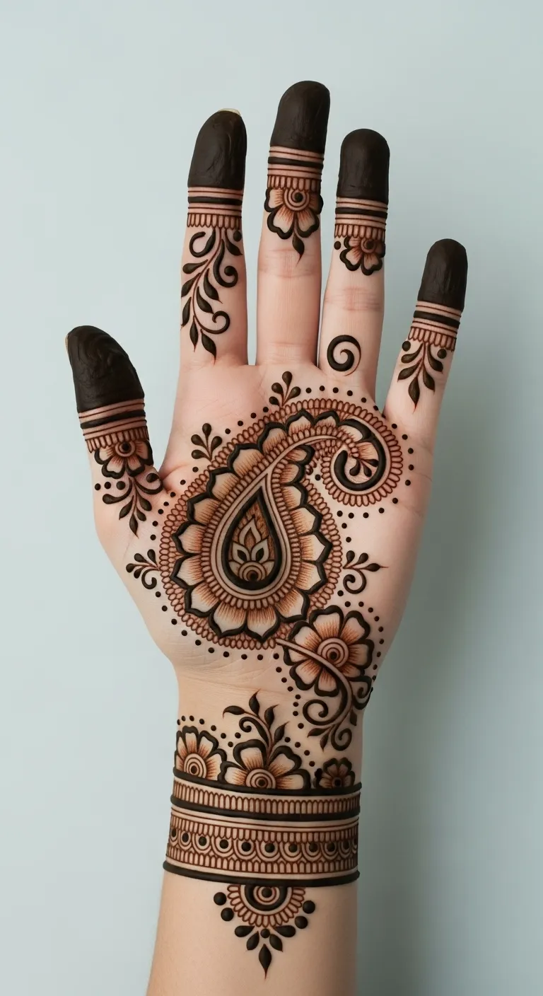 Arabic paisley mehndi with shading on left hand