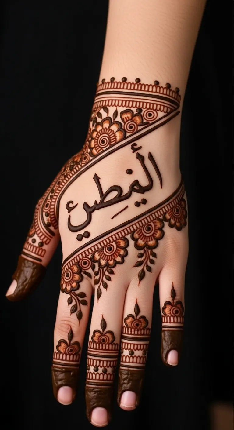 Arabic name mehndi with bail trail on hand