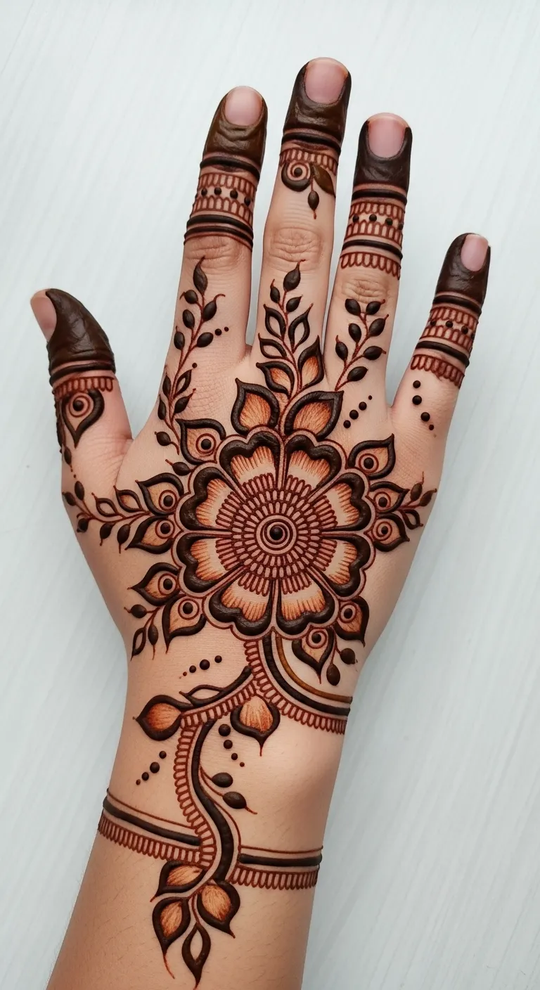 Back hand bharwa mehndi central flower design