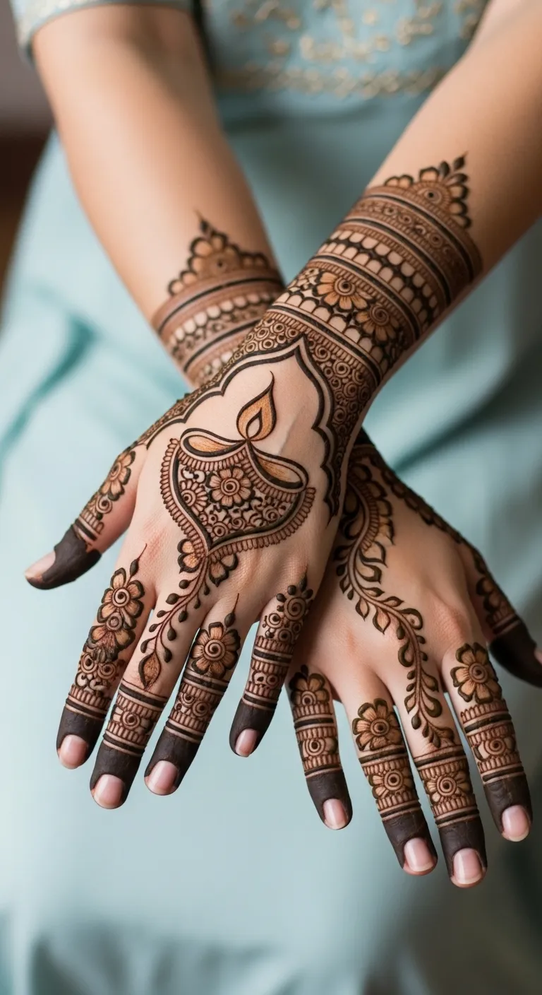 Back hand Diwali diya mehndi with vine trail