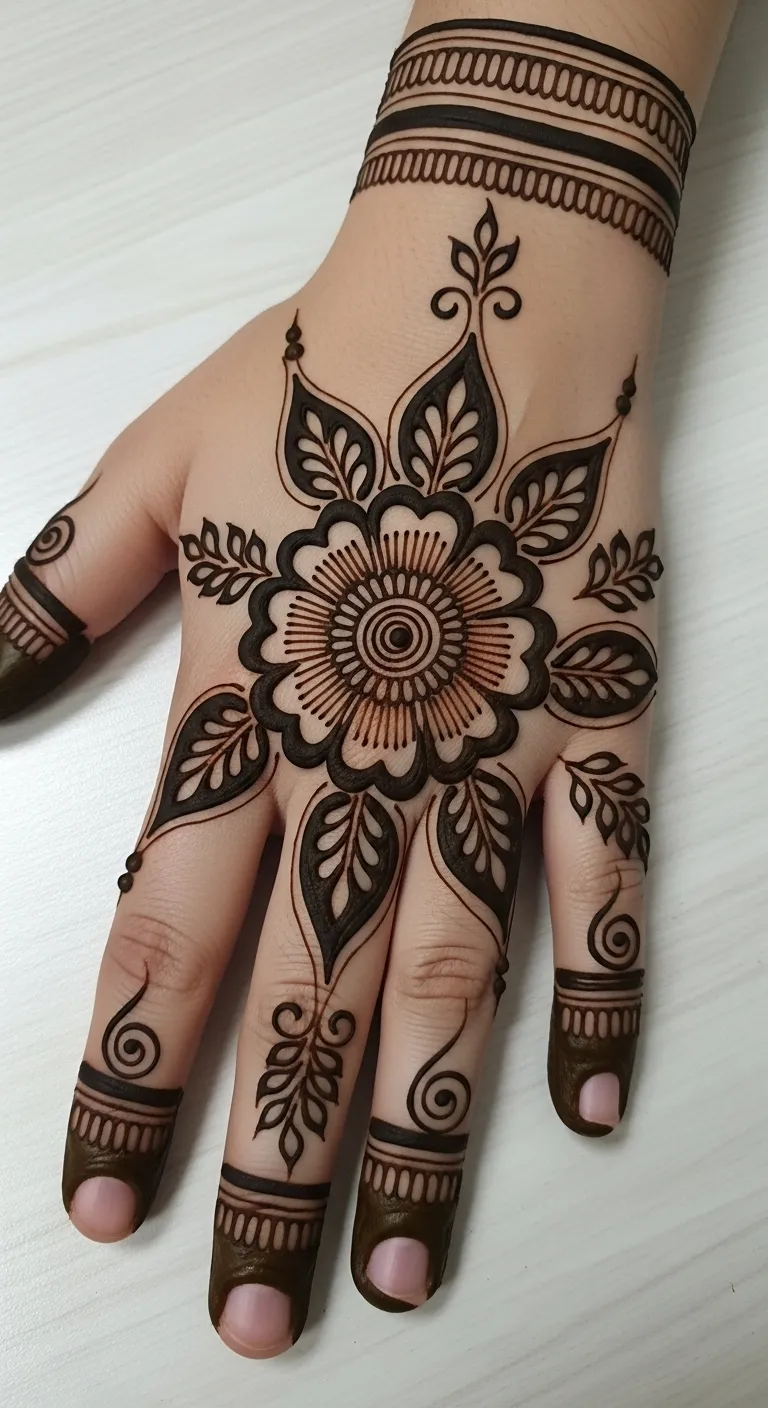 Back hand floral mehndi with petals extending to fingers