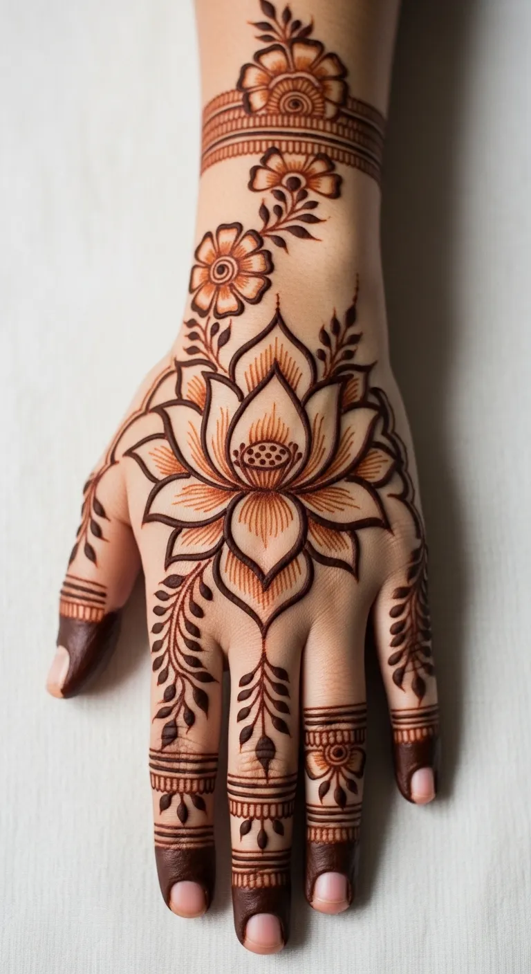 Back hand floral mehndi with oversized center flower