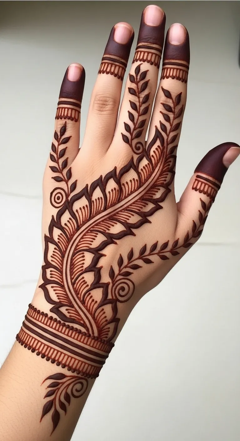 Large leaf mehndi on left back hand