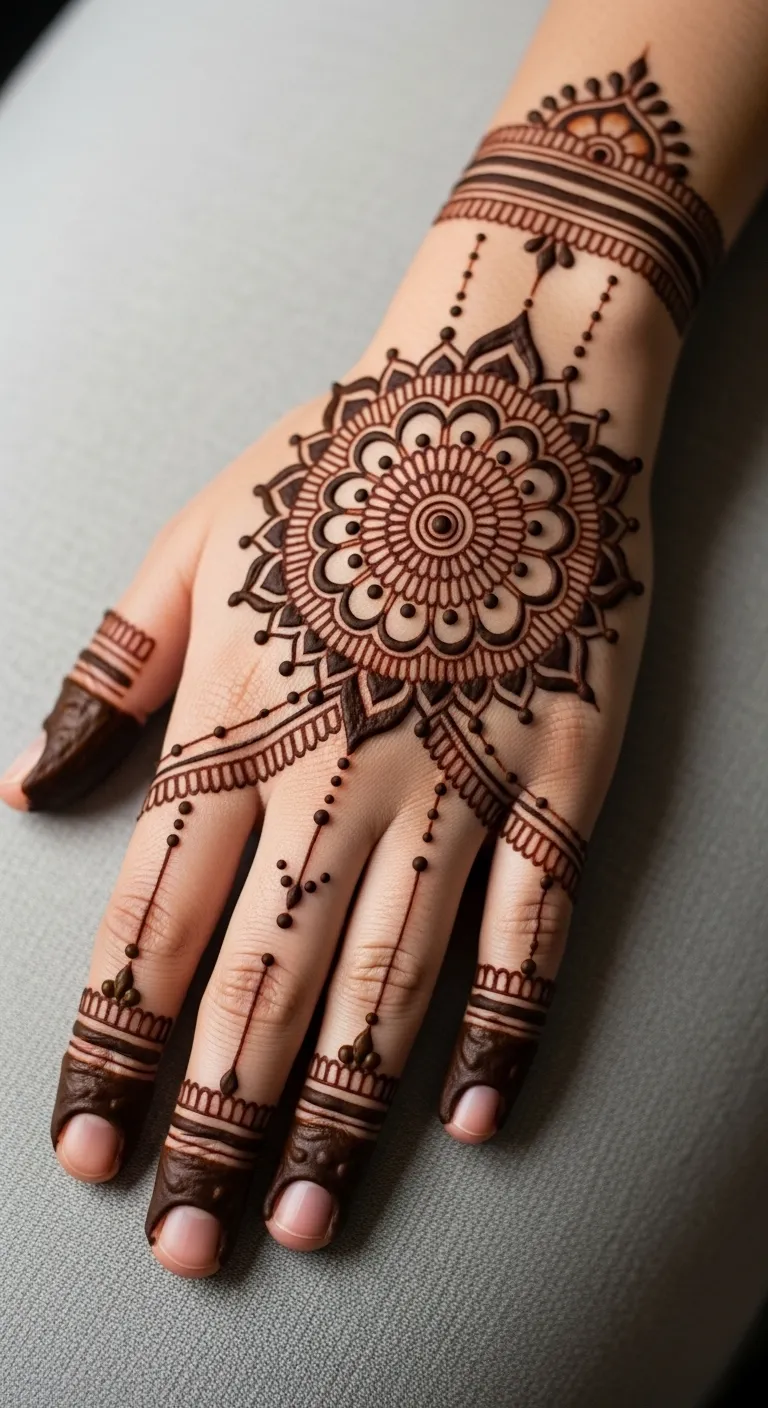 Back hand mandala mehndi on left hand