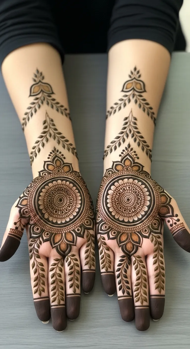 Best bharwa mehndi design with filled mandala pattern