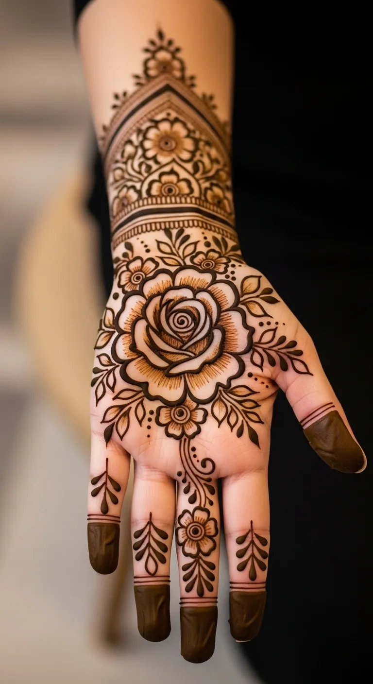  Best floral mehndi design with open rose on palm