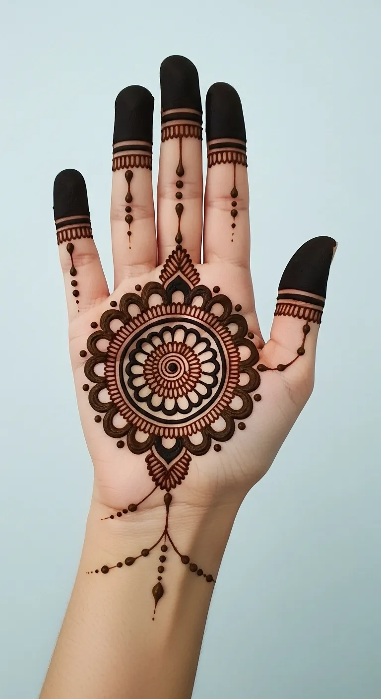Best half hand mehndi design with bold mandala pattern