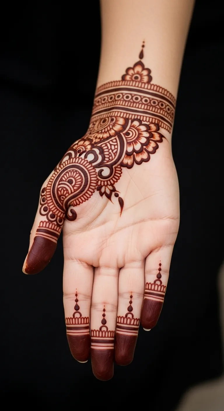 Half hand mehndi with paisley and floral mix design