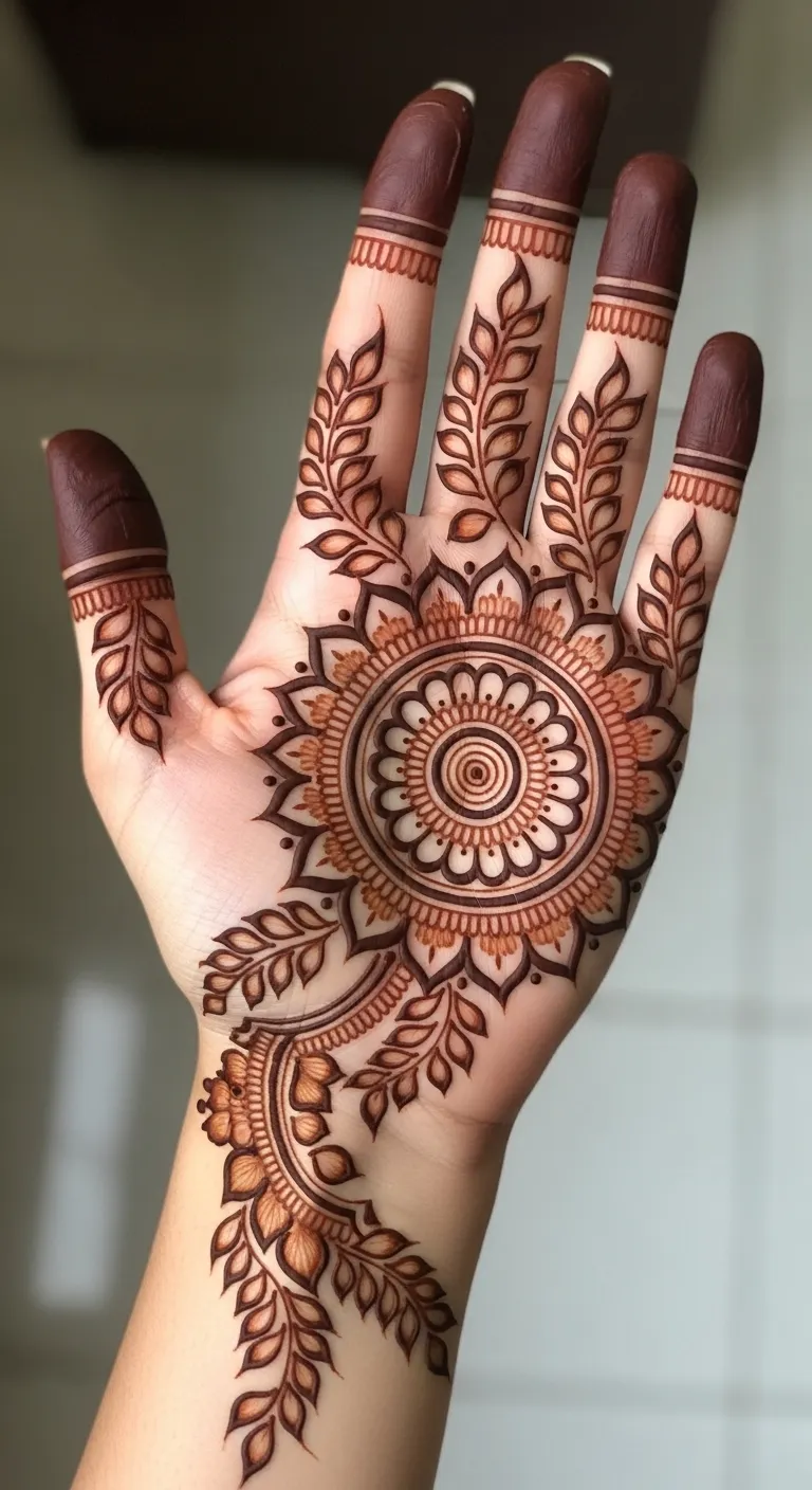 Best left hand mehndi design with mandala and leaf extensions