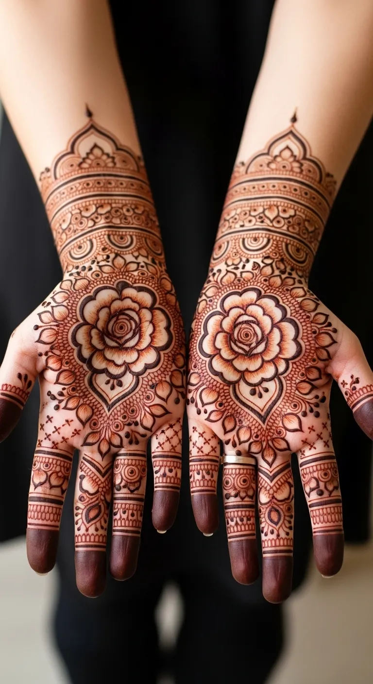 Bharwa mehndi design with filled rose flower