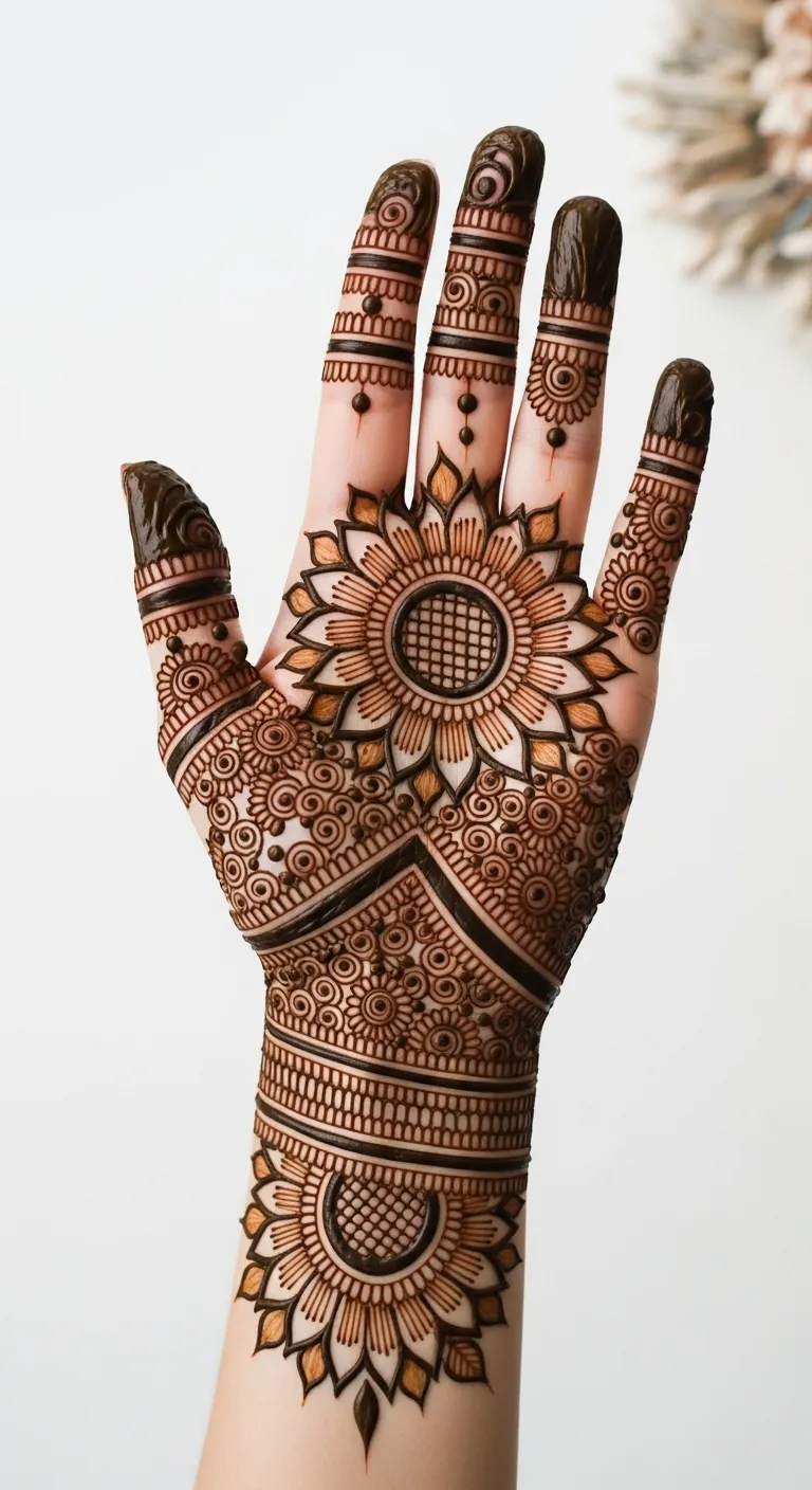 Bharwa mehndi with filled sunflower design