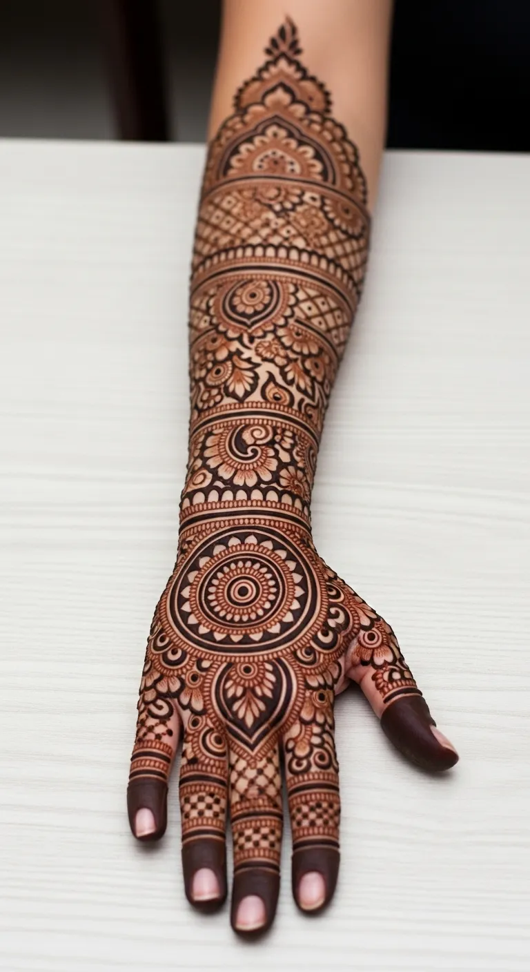 Bridal bharwa mehndi full arm layered design