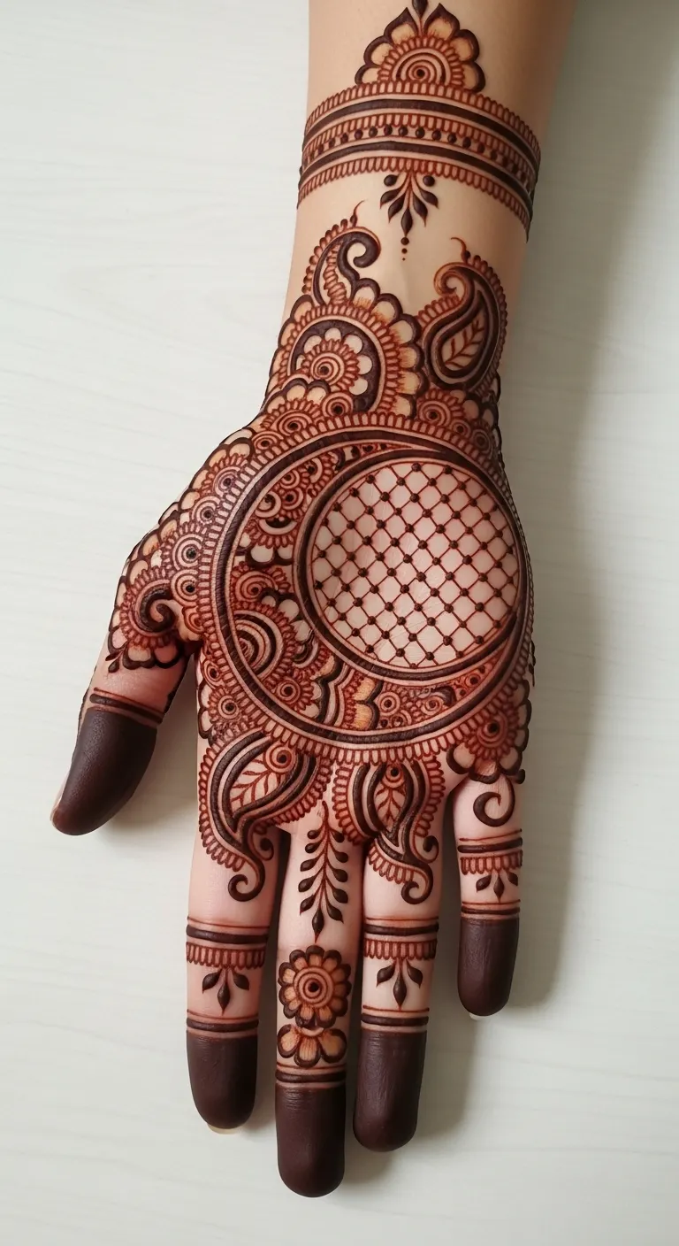 Bridal crescent moon mehndi with jaal and paisley