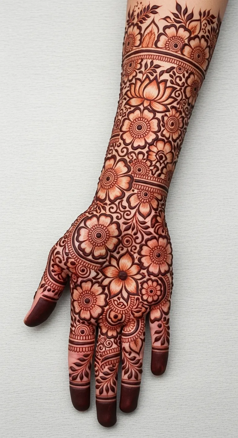 Bridal floral mehndi full arm coverage to elbow