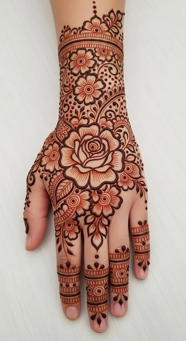 Bridal floral mehndi with rose center and fillers