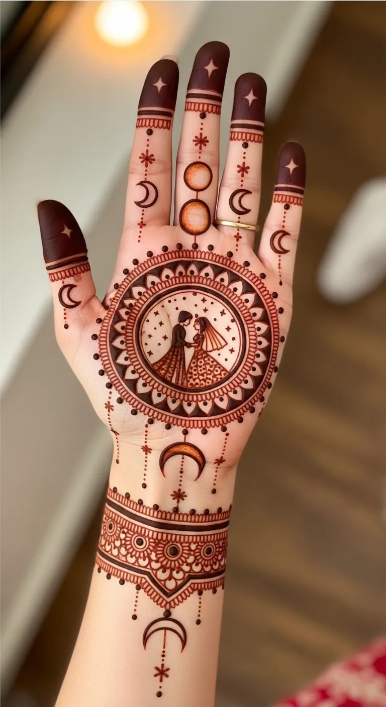 Bridal full moon mehndi with bride and groom motifs