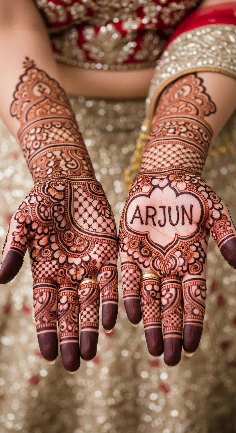Bridal mehndi with hidden groom name full hand