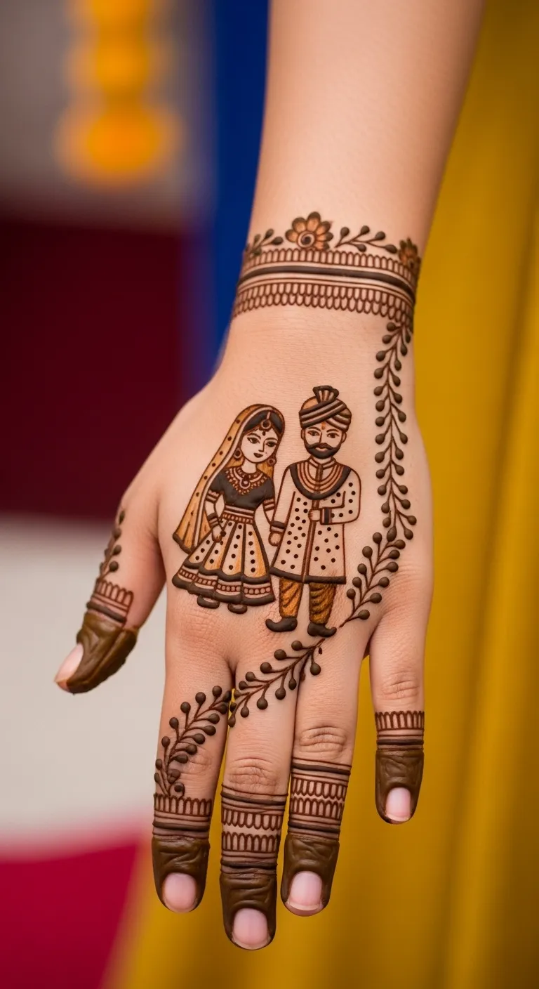 Bridal half hand mehndi with dulha dulhan motif