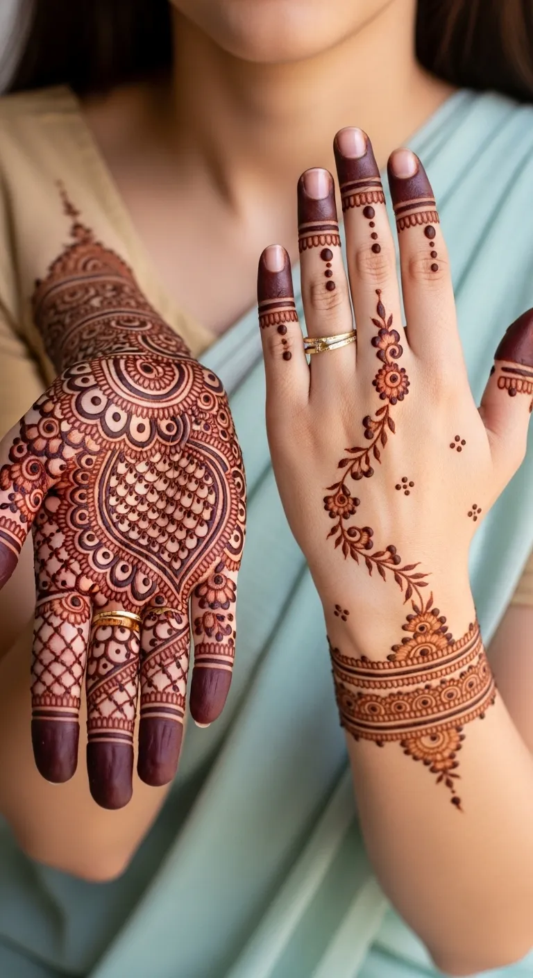 Bridal half hand mehndi with jaali and heavy finger work